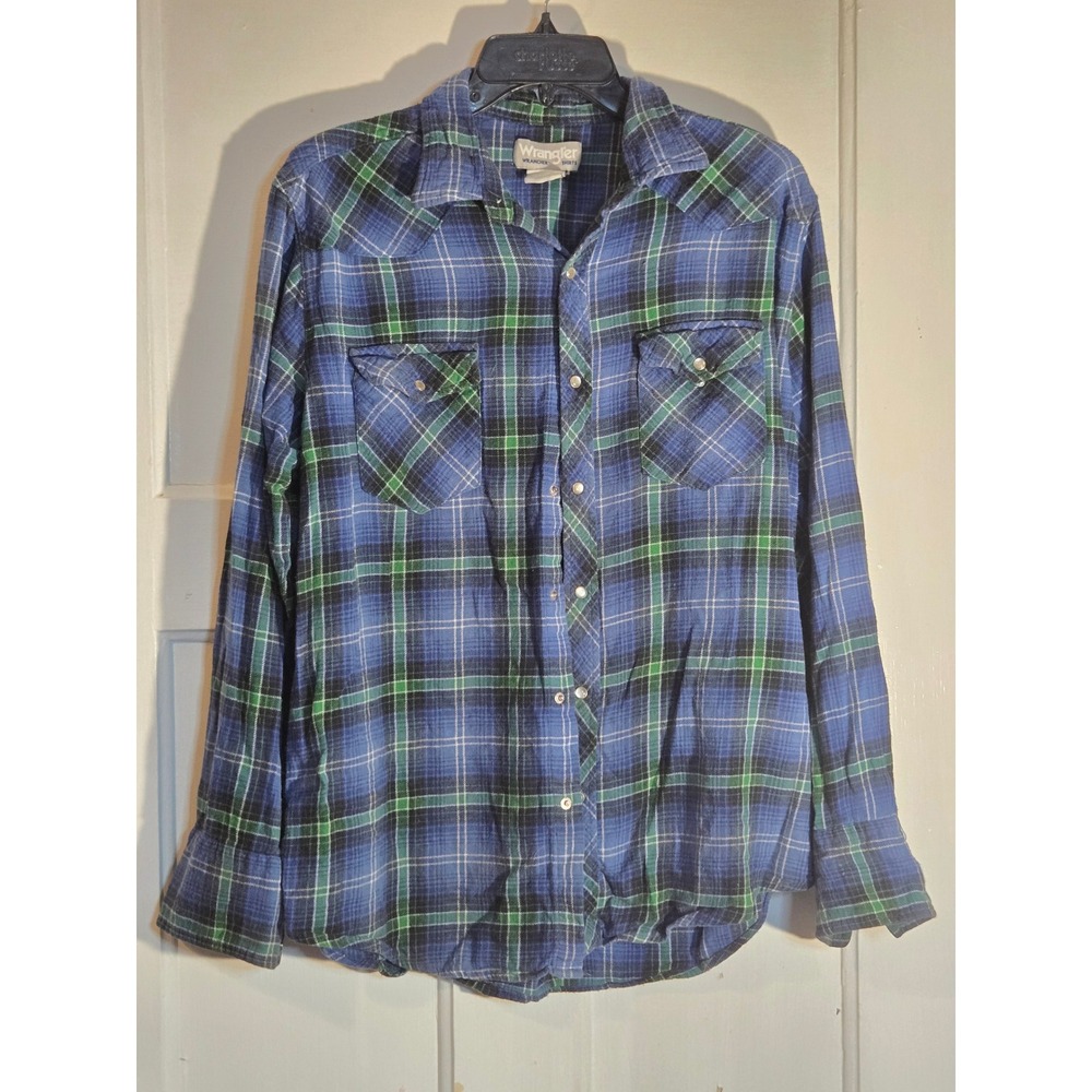 Wrangler Wrancher Shirts Mens Blue Green Plaid Western Pearl Snap Long Sleeve